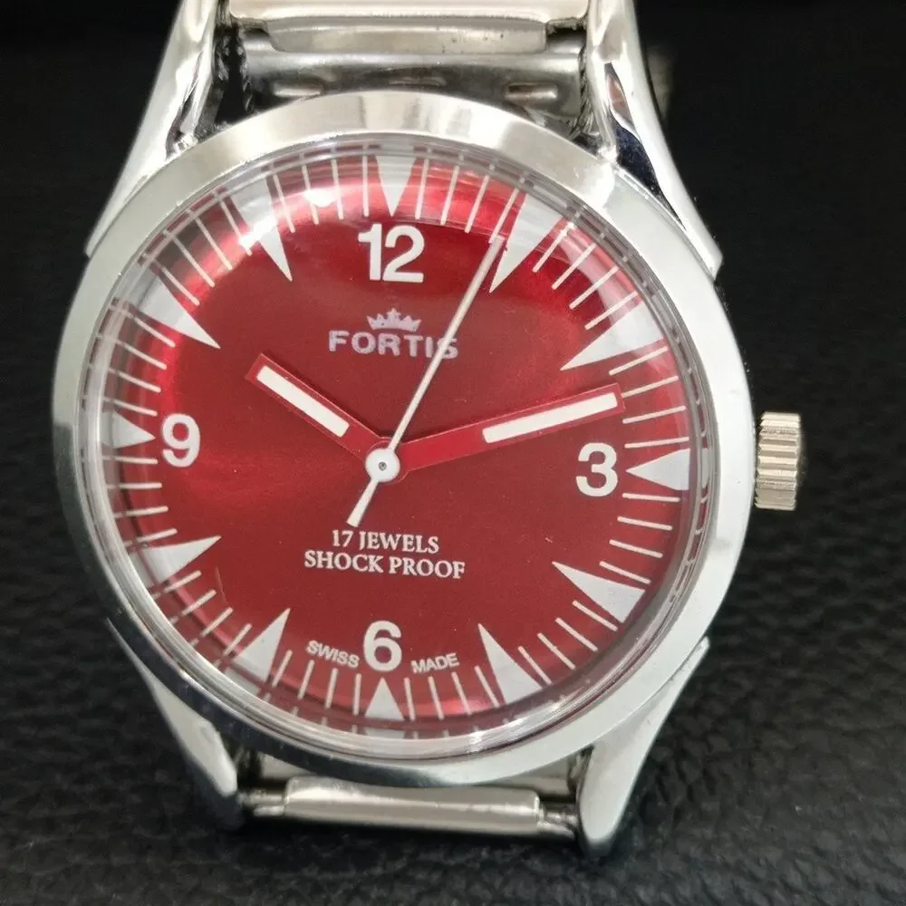 Vintage 1971 Fortis Manual Mens Silver Watch W/Steel Strap & Red accents